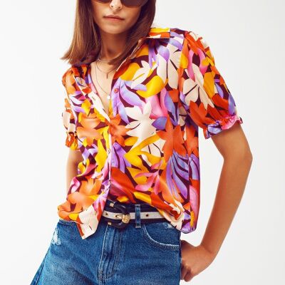 Camisa con estampado floral y mangas elásticas en multicolor