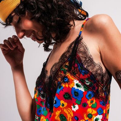Floral printed cami with lace trim in fuchsia