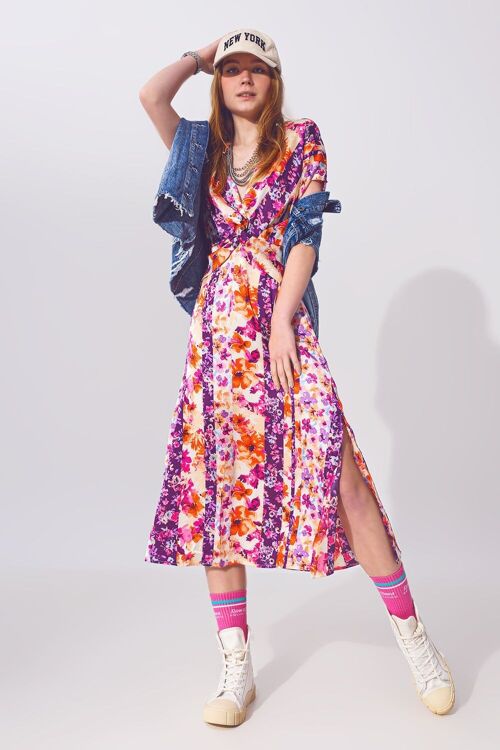 Flower Print Front Knot Maxi Dress in Multicolour
