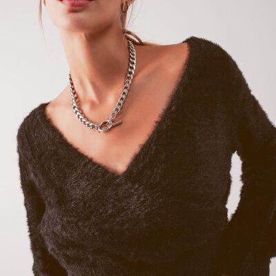Fluffy v neck knit jumper in black