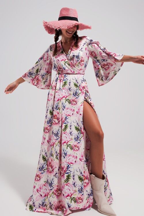 Flutter sleeve maxi dress in pink floral print