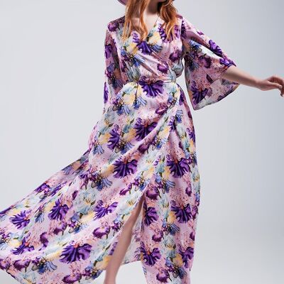 Flutter sleeve maxi dress in purple floral print