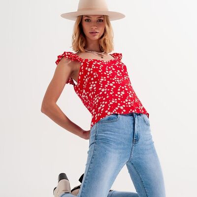 Frill strap cami top in red ditsy floral print