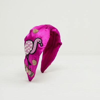 Diadema de Raso Fucsia con Flamigos Bordados