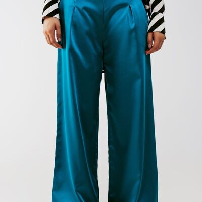 pantalon large en satin bleu