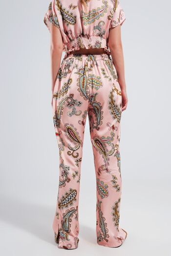 Pantalon large à motif cachemire rose 2