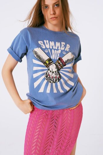 T-shirt graphique avec texte Summer Love en bleu 1