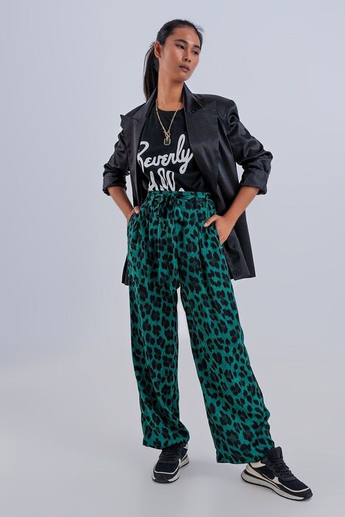 Wide leg pants in green leopard print