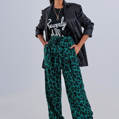 Pantalon large à imprimé léopard vert