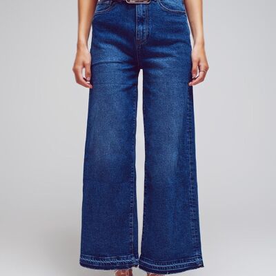 Wide Leg Jeans With Hem Detail in Mid Wash