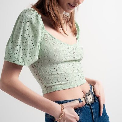 Green short top in batiste fabric with puffed sleeves