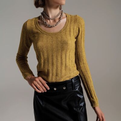green wide neck ribbed knit sweater