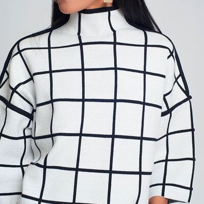 White sweater with chequered print in 3/4 sleeve and high neck