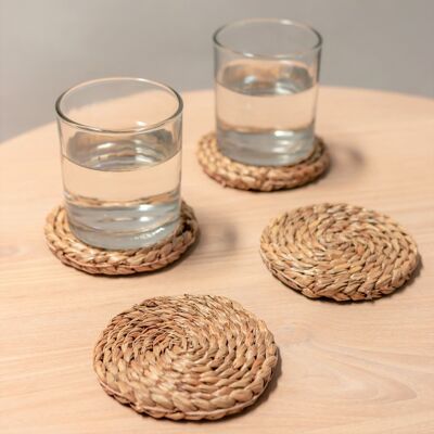 Coasters Set of 4/8 Made of Braided Seagrass Handmade Round Glass Coasters Beige SUKU