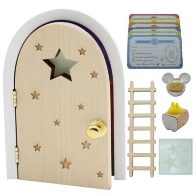 What a Kawaii® MAGICAL Pérez mouse kit.  DOOR THAT OPENS AND SHINES IN THE DARK!!!.. Magical wooden door and ladder + tooth box + Plate + Cheese + 4 stars + 6 certificates (also in French)