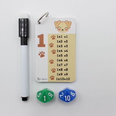 Qué Kawaii® Multiplication tables teaching material with dice and erasable marker. To learn by playing