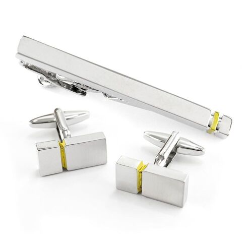 Brushed Gilt Finish Stripe Cufflinks and Tie Bar Set