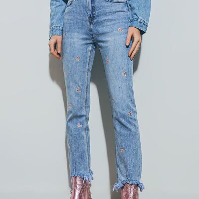 Heart Embellished Jeans with teared hem in Med Wash