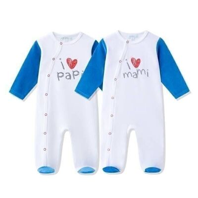 Pyjama mit Füßen Junge Mädchen I Love Mommy & Daddy Blau