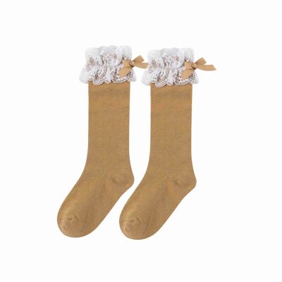 Calcetines Alto Con Puntilla en Camel