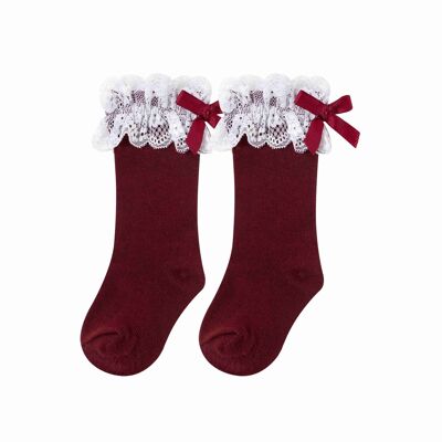 Baby Girl High Socks With Lace Maroon