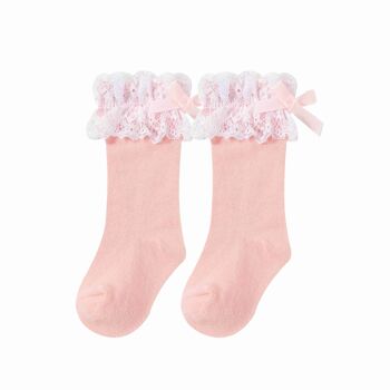 Chaussettes hautes bébé fille rose à dentelle 1