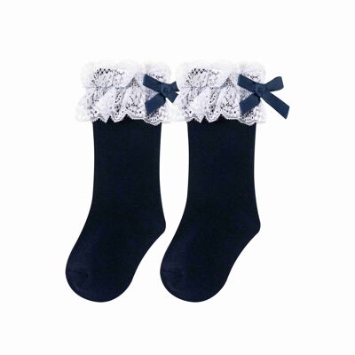 Baby Girl Navy High Socks With Lace