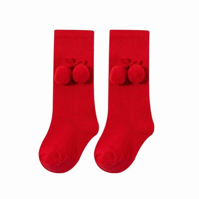 Rote hohe Socken mit Pompons für Babys