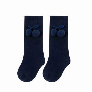 Chaussettes hautes bébé fille bleu marine à pompons 1