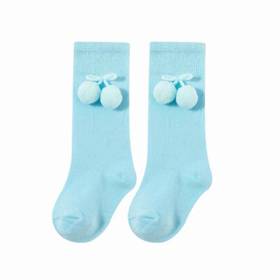 High Socks With Pompoms For Baby Girl Light Blue
