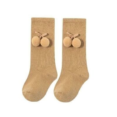High Socks With Pompoms For Baby Girl Camel