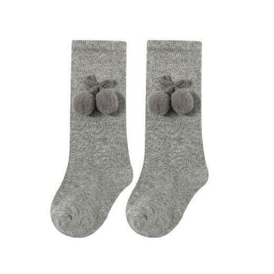 Hohe Socken mit Pompons für Babymädchen Hellgrau
