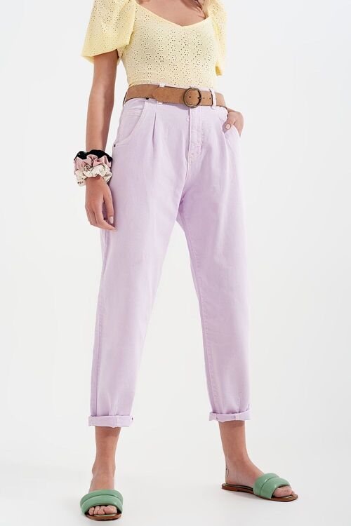 High rise mom jeans with pleat front in lilac