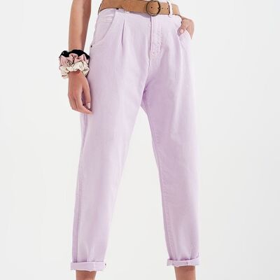 High rise mom jeans with pleat front in lilac