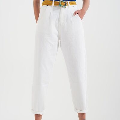 High rise mom jeans with pleat front in white