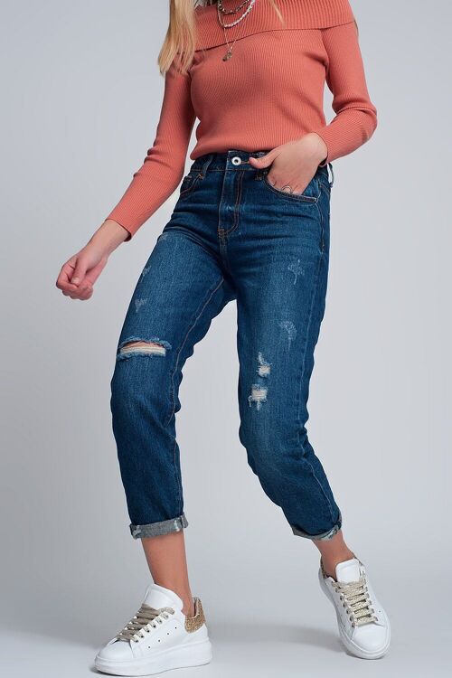 High rise slim mom jeans in blue wash with front rips