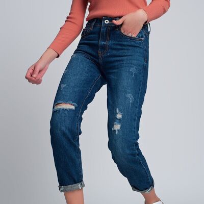 High rise slim mom jeans in blue wash with front rips