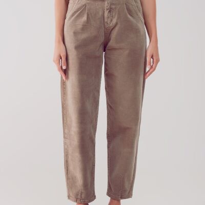 Pantalon mom ample taille haute en velours côtelé beige