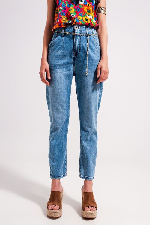 High rise straight leg belt detail jeans in light wash