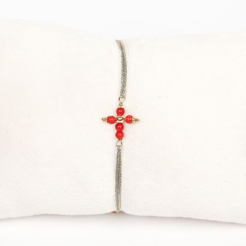 BRACELET CORDON CROIX CORAIL DORE