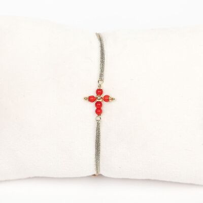 GOLD CORAL CROSS CORD BRACELET