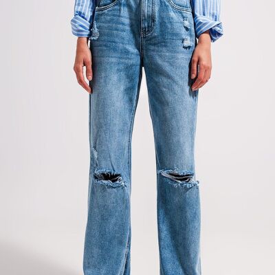 High waist jeans with split hem in vintage wash