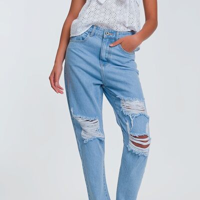 Jean mom taille haute avec genoux cassés en denim clair