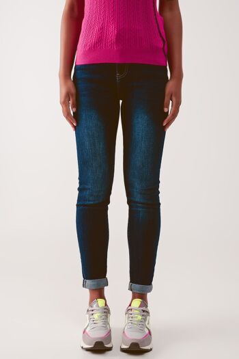 Jean skinny taille haute bleu délavé foncé 1