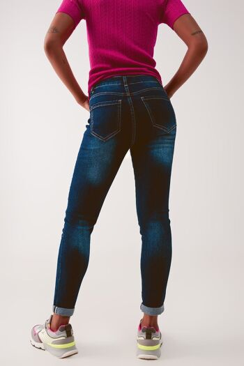 Jean skinny taille haute bleu délavé foncé 3