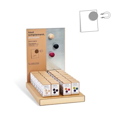 Présentoir plein de 80 boîtes de 3 petites boules magnétiques en bois - naturel, noir et couleur + présentoir offert