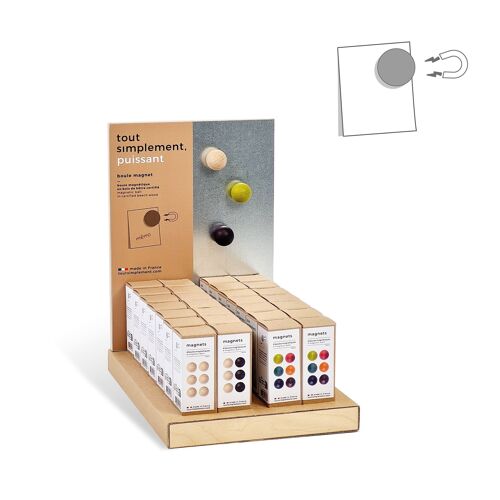 Présentoir plein de 40 boîtes de 6 petites boules magnétiques en bois - naturel, noir et couleur + présentoir offert