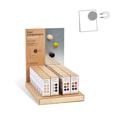 Espositore completo di 40 scatole da 6 piccole palline magnetiche in legno - naturali, nere e colorate + espositore omaggio