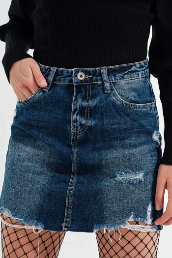 Mini-jupe en jean taille haute avec déchirure délavée moyenne 2