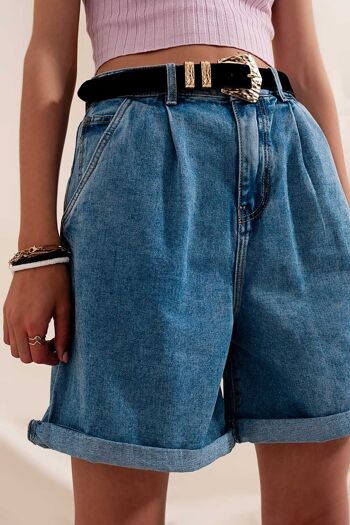 Short en jean plissé taille haute en lavage moyen 6